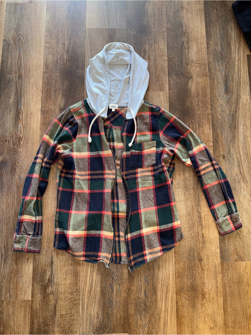 BKE Plaid Hooded Flannel Jacket in Green, Navy & Red
